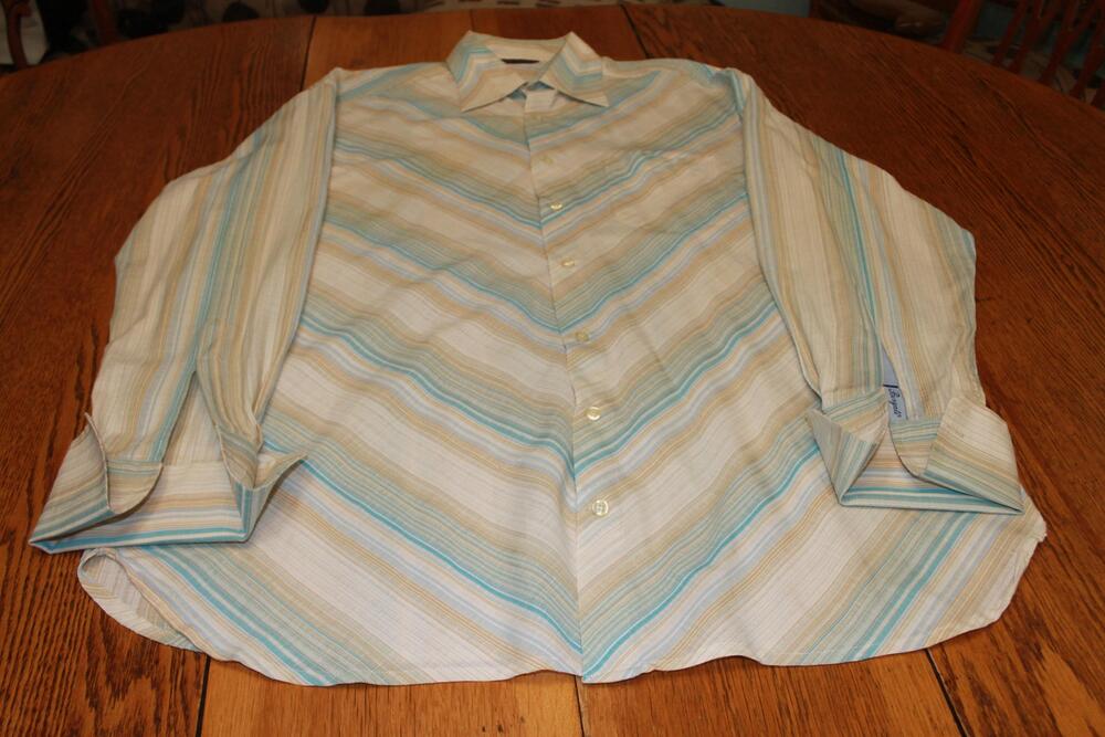 Bergati Shirt Mens 3XL Blue Tan Striped Button Up Long Sleeve Casual Lightweight